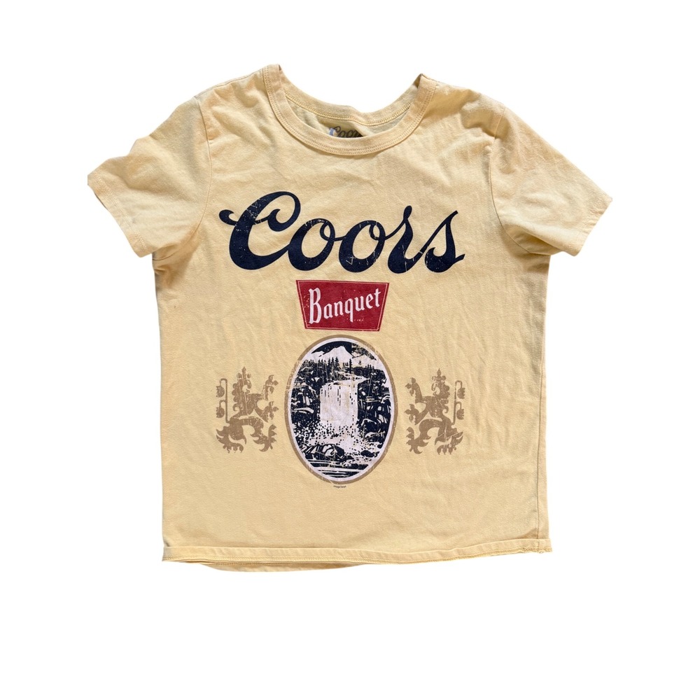 Hybrid Coors Banquet Beer Graphic Tee Yellow Short Sleeve T-Shirt Womens Small